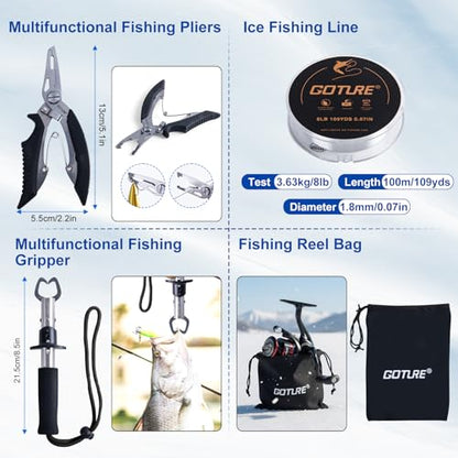 Goture Ice Fishing Rod and Reel Combo with Carry Bag, 24''Medium Spinning Ice Fishing Pole, 58Pcs Jigs & Lures with Storage Box, Line,Fish Gripper, Pliers and Tools for Trout Bass Walleye - color: 10Pcs Ice Fishing Kit A3 (58Pcs Jig Set )