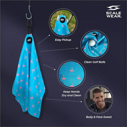 Magnetic Microfiber Waffle Golf Towel – Large 16"x24" Clean Golf Club Ball Magnet Clip to Hang on Bag Cart Strong Premium Ultra Absorbent Gear Blue Flamingo Men (Small Flamingos) - color: Small Flamingos