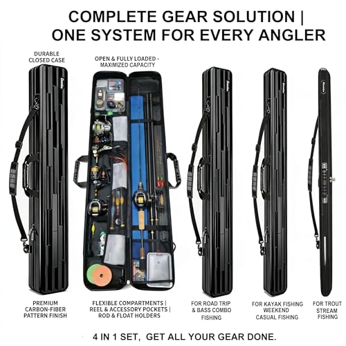 Hard Shell Fishing Rod Case, 50" Protective Rod Tube (4-in-1 Set) for 7ft 2-Piece Rods, Crushproof & Water-Resistant Travel Carrier, Heavy-Duty Storage for Bass, Fly & Saltwater Fishing