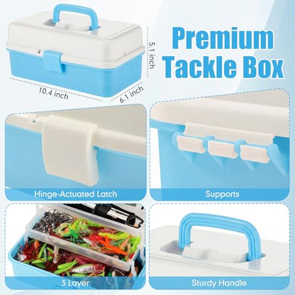 RoundFunny 3 Layers Fishing Tackle Box 414 Pcs Fishing Gift Lures Gear Kit with Tackle Included Pliers Lip Gripper Bait Hook Accessories for Beginner Fisherman Women Men, Fit Bass Trout - color: Blue