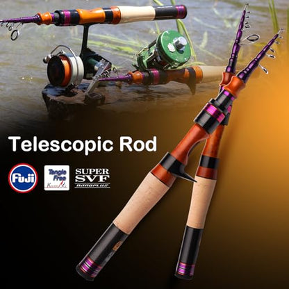PURELURE Telescopic Fishing Rod Spinning & Casting Travel Rod Ultralight 5' | Fuji Alconite Ring, Detachable Handle Closed Length 9.8in, Spare Carbon Solid Tip, Solid Wood Reel Seat, Cork Handle - style: Fuji Spin - 5'1'' - Ultralight - Moderate Fast