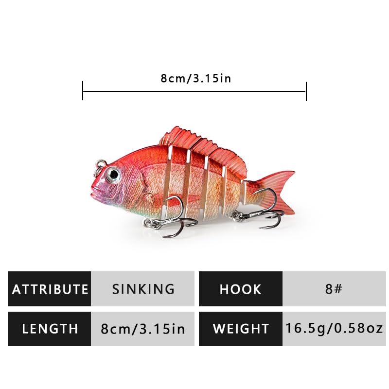 3pcs Multi-Jointed Panfish Bluegill Swimbait Hard Sinking Bass Fishing Lure with Sharp Treble Hooks, Lifelike Fishing Lures for Bass Trout Walleye Crappie, Amazing Swimbaits Gift - color: 01 3pcs -3.15inches