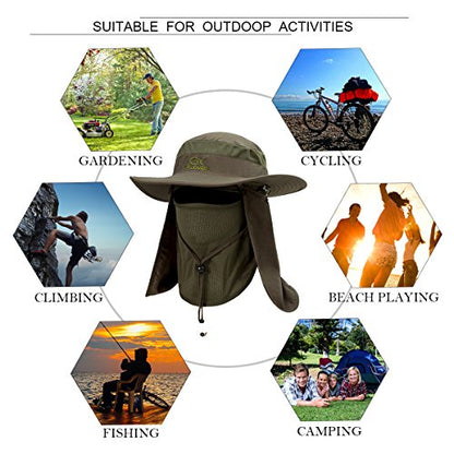 YR.Lover Outdoor UV Sun Protection Wide Brim Fishing Cap with Removable Flap - color: Army Green