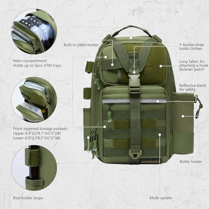 BASSDASH Convertible Fishing Backpack Sling Bag with Rod Holder, Adjustable Tactical Water-Resistant Tackle Storage Pack FP07 - color: Army Green, size: Standard