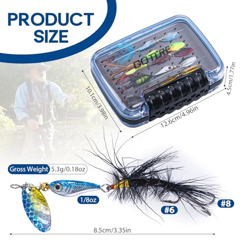 Goture Trout Lures Fishing Spinners,Rooster Bait Tail Bass Fishing Lures with Brass Spinner Blade Fish-Shaped Jig Heads for Freshwater Saltwater,Salmon Steelhead Trout Spinner Bait with Tackle Box - color: A:10pcs Trout Spinners