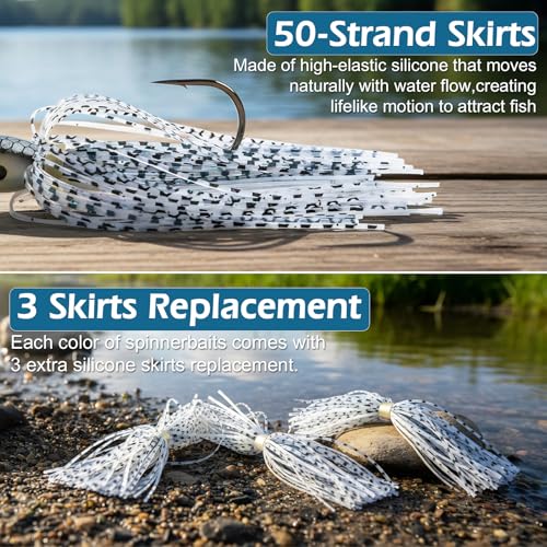 Goture Spinner Baits, Hard Metal Spinnerbaits Kit with 4 Spinner Blades, Spare Skirts Replacement, Buzzbait Spinnerbaits Fishing Lures for Bass Trout Pike Salmon Walleye Freshwater Saltwater - color: A1:2pcs(White & Gold), size: 10g 3/8oz