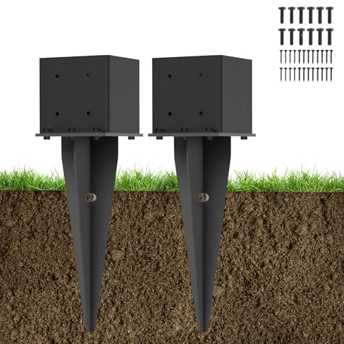 2 Pcs 22" Fence Post Anchor Ground Spike| Black Powder-Coated| 6"x6" | Actual 5.6"x5.6" Heavy Duty Metal Fence Post Anchor for Deck| Fence| Porch| Railing| Mailbox - size: 2 Pcs, style: 6"x 6"