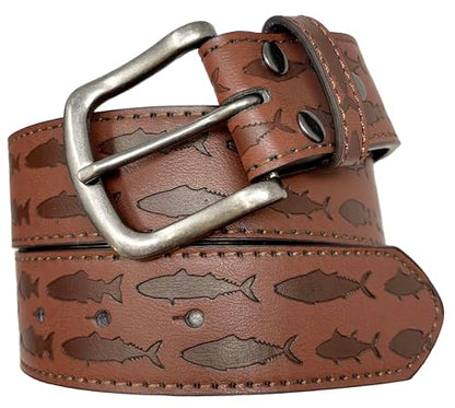 BC Belts Mens Fishing Leather Belt Strap and Metal Buckle 1.5" Wide with Snaps - Ocean Lake River Fishing Angler Bass - size: X-Small (26-27" Waist)