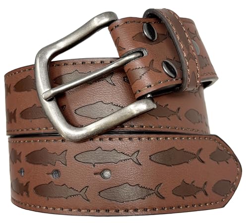 BC Belts Mens Fishing Leather Belt Strap and Metal Buckle 1.5" Wide with Snaps - Ocean Lake River Fishing Angler Bass - size: Small (28-30" Waist)