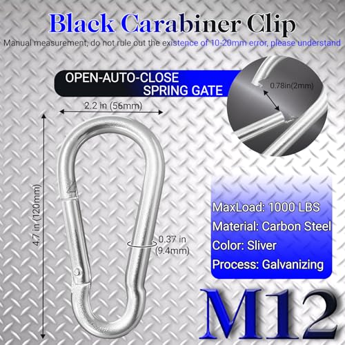 12 Pack 4.7" Heavy Duty Carabiner Clips, M12 Sliver Galvanized Steel Spring Snap Hooks, Rust-Resistant Keychain Clips for Hammock, Camping, Hiking, Fishing, Swing Set - color: Silver, size: M12-4.7"