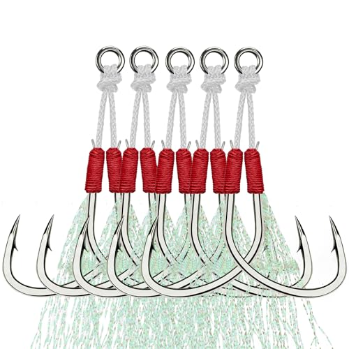 THKFISH Fishing Assist Hooks Saltwater Dancing Stinger Jigging Hooks Double Assist Replacement Fishing Hooks for Slow Pitch Jigs Vertical Jigging Lures 5pcs/15pcs/20pcs - color: red, size: #4/0-15pcs