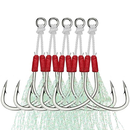 THKFISH Fishing Assist Hooks Saltwater Dancing Stinger Jigging Hooks Double Assist Replacement Fishing Hooks for Slow Pitch Jigs Vertical Jigging Lures 5pcs/15pcs/20pcs - color: red, size: #4/0-15pcs