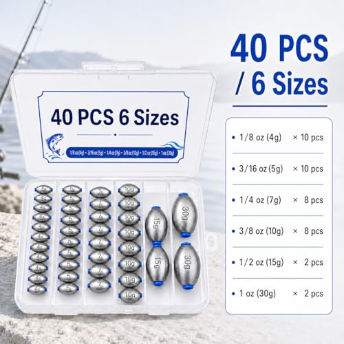Egg Sinkers Fishing Weights Kit, 40/62pcs 6/7 Sizes Egg Sinker Assortment 1/8-1 oz, Slip Sinkers for Saltwater Freshwater Bass Catfish Fishing, Smooth Bore Lead Sinkers Weights with Tackle Box - size: 40 pcs / 6 Sizes