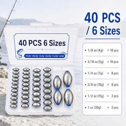Egg Sinkers Fishing Weights Kit, 40/62pcs 6/7 Sizes Egg Sinker Assortment 1/8-1 oz, Slip Sinkers for Saltwater Freshwater Bass Catfish Fishing, Smooth Bore Lead Sinkers Weights with Tackle Box - size: 40 pcs / 6 Sizes