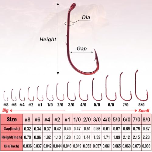 Baitholder Fishing Hooks 100 Pack - Double-Barbed Long Shank for Bluegill Bass Trout Walleye Black/Red, 8/0-#8 - color: 1-Red, size: Size:6 100-Pack