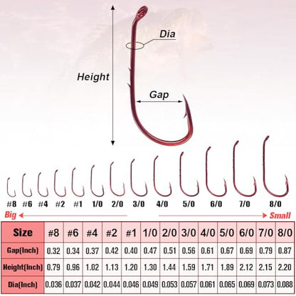 Baitholder Fishing Hooks 100 Pack - Double-Barbed Long Shank for Bluegill Bass Trout Walleye Black/Red, 8/0-#8 - color: 1-Red, size: 5/0 100-Pack
