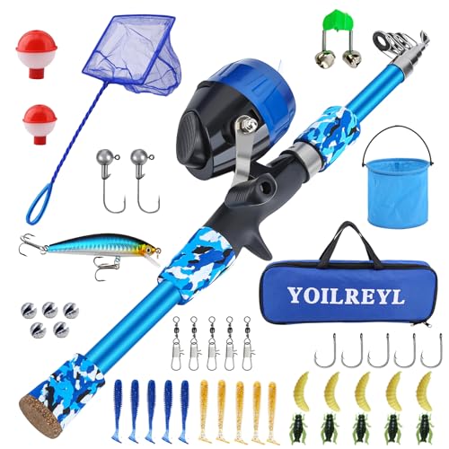 Collapsible Telescopic Fishing Rod and Reel Combo Push Button Small Fishing Pole Kit Beginner Youth Boys Fishing Starter Set Tackle - color: Camo Blue, size: 4.92FT