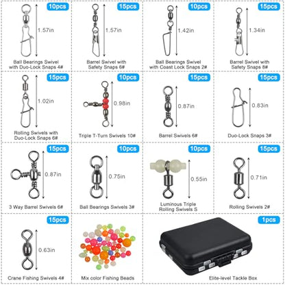 Fishing Swivels Kit - Ball Bearing Swivel, Rolling Barrel Swivel, Crossline Three Way Swivel, Duo Lock Snap, High Strength Fishing Line Connector for Bass Trout Saltwater Freshwater - color: 170PCS