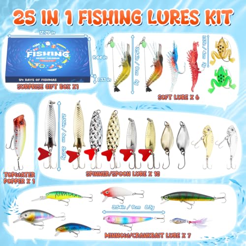 25-in-1 Fishing Lures Kit, Surprise Fishing Bait Set with Poppers, Minnows, Crankbait, Frogs & Shrimp, Freshwater Saltwater Fish Tackle Gear Gifts for Men Father Husband - size: Large