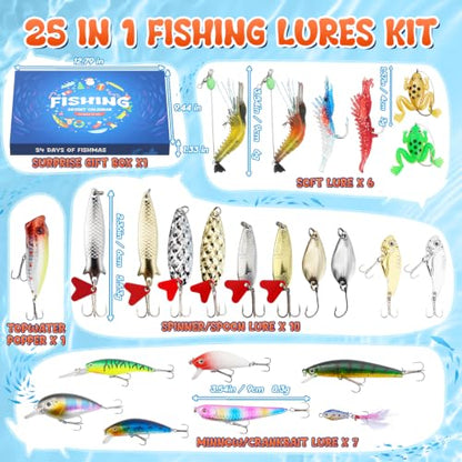 25-in-1 Fishing Lures Kit, Surprise Fishing Bait Set with Poppers, Minnows, Crankbait, Frogs & Shrimp, Freshwater Saltwater Fish Tackle Gear Gifts for Men Father Husband - size: Large