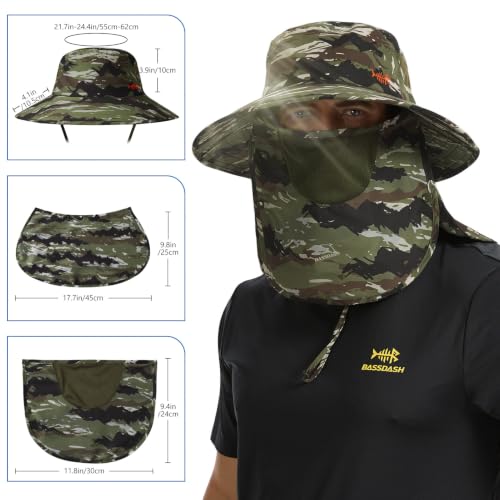BASSDASH UPF 50+ Breathable Sun Hat with Removable Face Cover and Neck Flap Wide Brim Bucket Hat for Fishing Hiking Men Women - color: Mountain Stripes