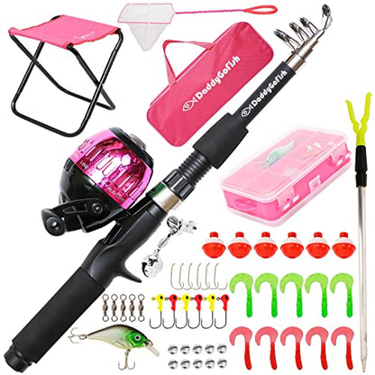 DaddyGoFish Kids Fishing Pole - Rod Reel Combo Tackle Box Starter Set - First Year Small Dock Gear Kit for Boys Girls Toddler Youth Age Beginner Little Children Junior Anglers Older Kids - color: Pink