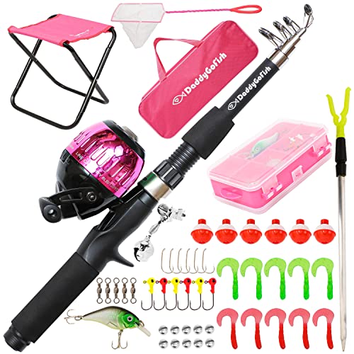 DaddyGoFish Kids Fishing Pole - Rod Reel Combo Tackle Box Starter Set - First Year Small Dock Gear Kit for Boys Girls Toddler Youth Age Beginner Little Children Junior Anglers Older Kids - color: Pink