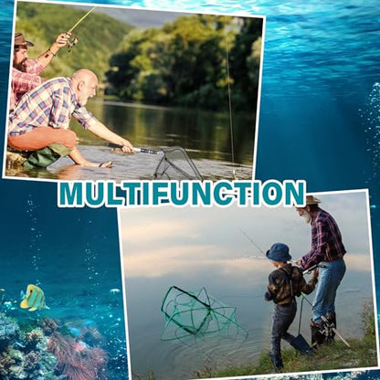 Windyun 3 Pcs Foldable Fishing Net Landing Net with Telescoping Pole Handle Collapsible Crab Trap Hexagon Fishing Bait Trap with Rope and Lure Bag for Crab Crayfish Shrimp - color: Gray Green