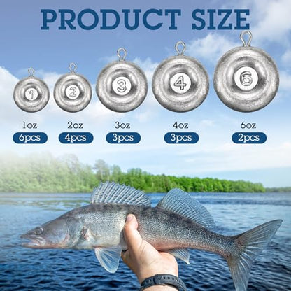 Shimeyao 18 Pieces Disc Sinkers Fishing Weights No Roll Disc Fishing Sinkers Weights for Saltwater Trolling Surf Tackle - size: 1 2 3 4 6oz