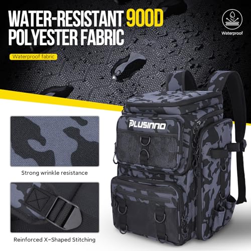 PLUSINNO Fishing Backpack with Fishing Rod Gear Holders Tackle Box, 42L Large Water-resistant Tackle Backpack Store Tools, Gear - color: Backpack With Rod