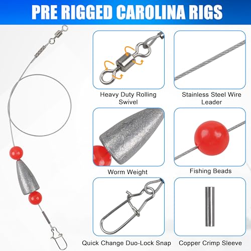 Carolina Rigs for Bass Fishing, Pre Rigged Carolina Catfish Rigs Kit Ready Tied Steel Fishing Leaders with Bullet Fishing Weights Beads for Saltwater Freshwater 3/8oz 1/2oz 3/4oz - size: 3/8oz(10g), style: 10pcs