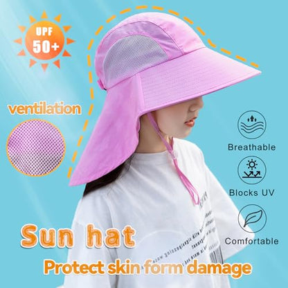 Rosoz Kids Sun Hat with Neck Flap UV Protection Summer Toddler Beach Hat Unisex Ponytail Hat Wide Brim Fishing Hat - color: 2pack-purple+pink