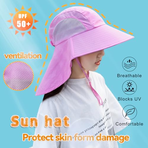 Rosoz Kids Sun Hat with Neck Flap UV Protection Summer Toddler Beach Hat Unisex Ponytail Hat Wide Brim Fishing Hat - color: 2pack-purple+l Grey