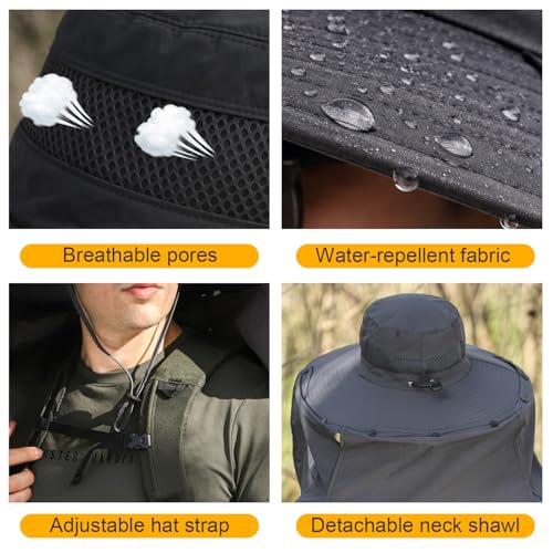 HUAMULAN Men Summer Sun Hat Women Safari Wide Brim Fishing Hats UV Protection Neck Flap Bucket Gardening Hiking Hunting Cap - color: Hyp016-darkgray