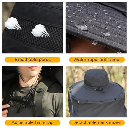 HUAMULAN Men Summer Sun Hat Women Safari Wide Brim Fishing Hats UV Protection Neck Flap Bucket Gardening Hiking Hunting Cap - color: Hyp016-darkgray