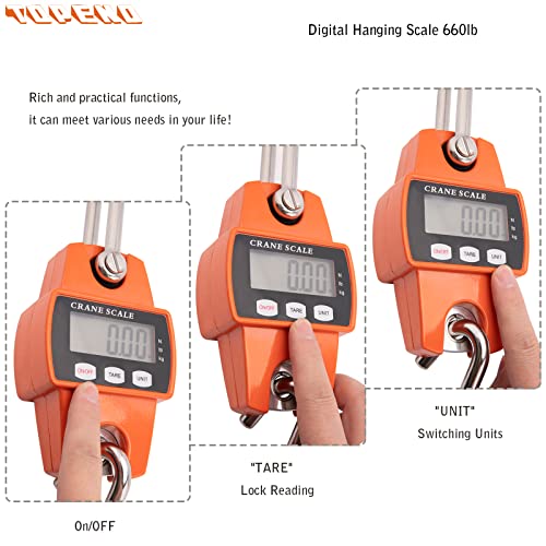 Hanging Weight Scale 660lb - Digital Hanging Scale 660lb with Cast Aluminum Case Handheld 300Kg Mini Crane Scale Fit for Farm Hunting Fishing Outdoor (with Accurate Sensors, LED, Hooks)
