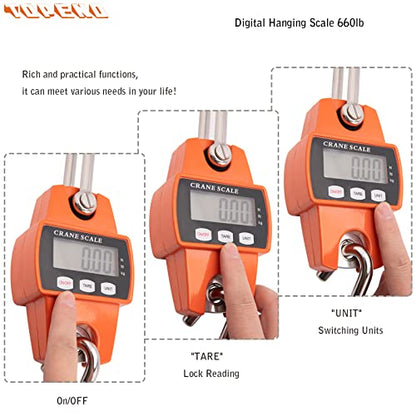 Hanging Weight Scale 660lb - Digital Hanging Scale 660lb with Cast Aluminum Case Handheld 300Kg Mini Crane Scale Fit for Farm Hunting Fishing Outdoor (with Accurate Sensors, LED, Hooks)