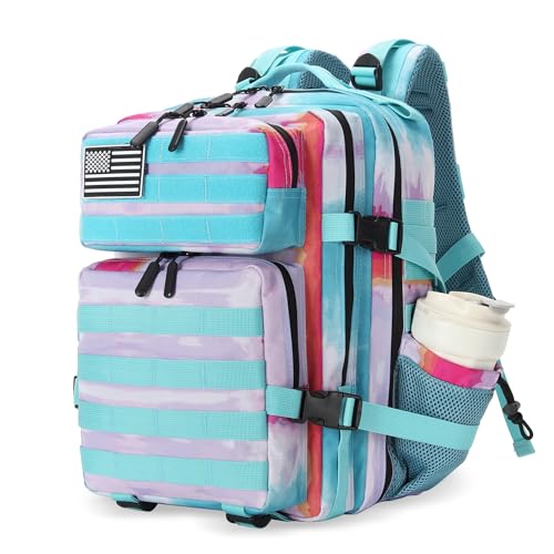 Lovelinks21 25L Tactical Military Backpack Small Travel Backpack for Men and Women Assault Pack Bug Out Bag Molle Daypack Gym Backpack with Bottle Holder (Rainbow Tie Dye) - color: Rainbow Tie Dye