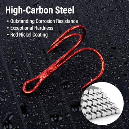 Dr.Fish 50 Pack Treble Fishing Hooks, Red Round Bend Triple Grip Saltwater Freshwater High Carbon Steel Fish Hooks for Catfish Bass Trout Replacement Hard Baits Lures - size: #4-50 Pack