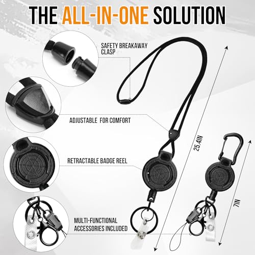 DELSWIN Heavy Duty Retractable Lanyard - Breakaway Lanyards for ID Badges Keys, Retractable Keychain with Upgraded Carabiner, Key Ring, and Lobster Clasp, Bearing 10.0 oz - color: New Carabiner