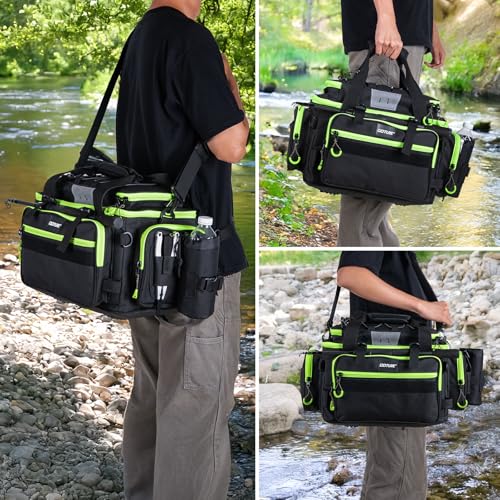 Goture Fishing Tackle Bag with 4pcs 3600 Tackle Boxes, 600D Water-Resistant Soft Side Saltwater Gear Storage Fishing Bag with Rod Straps, Detachable Water Bottle Pouch, Waterproof Bottom, SBS Zippers - color: C2:Black Green with 4 3600 Tackle Boxes, size: