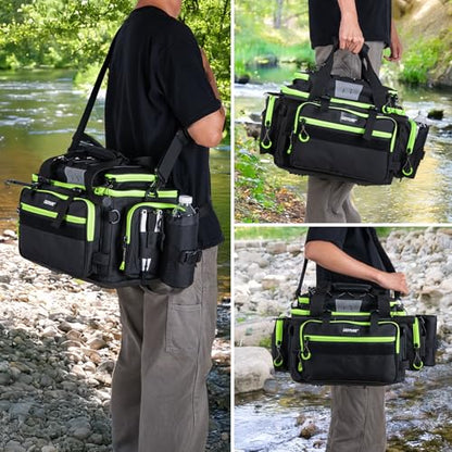 Goture Fishing Tackle Bag with 4pcs 3600 Tackle Boxes, 600D Water-Resistant Soft Side Saltwater Gear Storage Fishing Bag with Rod Straps, Detachable Water Bottle Pouch, Waterproof Bottom, SBS Zippers - color: C2:Black Green with 4 3600 Tackle Boxes, size: