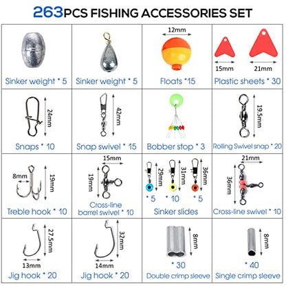 263pcs Fishing Accessories Set with Tackle Box Including Plier Jig Hooks Sinker Weight Swivels Snaps Sinker Slides - color: Red & white