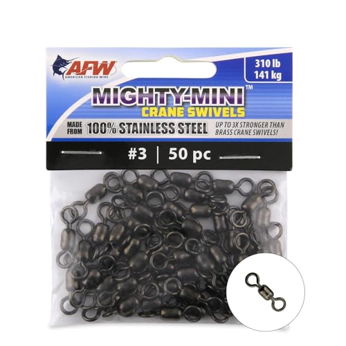 AFW American Fishing Wire Fishing Swivels - Mighty Mini 100% Stainless Steel Crane Swivels, 3X Stronger Than Brass, for Terminal Tackle Box, Up to 600lb Test - Fishing Gear for Fishing Line Leaders - size: 50 Pieces, 310 Pound Test