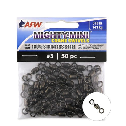 AFW American Fishing Wire Fishing Swivels - Mighty Mini 100% Stainless Steel Crane Swivels, 3X Stronger Than Brass, for Terminal Tackle Box, Up to 600lb Test - Fishing Gear for Fishing Line Leaders - size: 50 Pieces, 310 Pound Test
