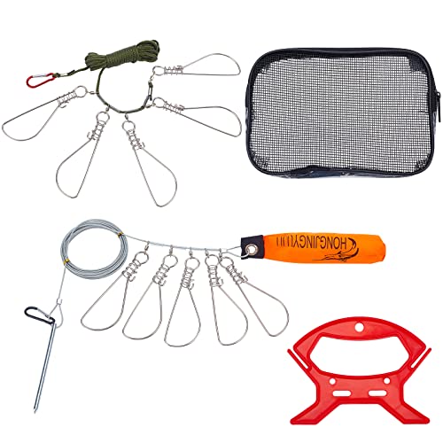 SUPERFINDINGS 2Sets 2 Style Stainless Steel Fishing Stringer Clip Set Including Hooks Wire Clasps Foam Buoyancy Rods Plastic Handlea and Storage Bag