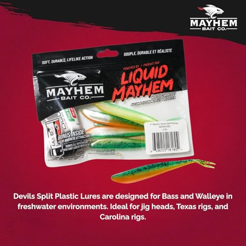 Liquid Mayhem Devils Split 4” – Soft Plastic Lures for Bass & Walleye with Fast Darting Action – Includes Bonus 10ml Attractant – 6 Baits Each Pack - size: 4" Kit - 3 Pack, style: Fire Tiger