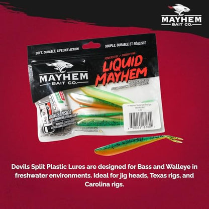 Liquid Mayhem Devils Split 4” – Soft Plastic Lures for Bass & Walleye with Fast Darting Action – Includes Bonus 10ml Attractant – 6 Baits Each Pack - size: 4" Kit - 3 Pack, style: Fire Tiger