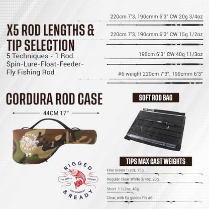 Rigged & Ready X Series™ Travel Fishing Rods. 6 Super Compact Combos and Rods, Multi-Functional, Spinning Poles. 5 to 25 Techniques from one Rod. Spin, Bass, Carp, Fly. Fresh & Saltwater Angling.