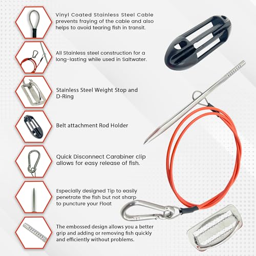 Fish Stringer for Spearfishing with Coated Stainless Steel Cable and Heavy Duty Carabiner (Belt Fish Stringer)